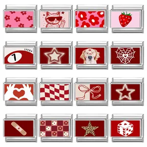Maglie per Bracciale Charm Italiano in Acciaio Inossidabile Serie Rossa Rosa Modulare Fai-da-Te Charms Donna Gatto Fragola Cuore