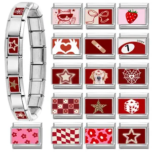 Bracciale componibile italiano in acciaio inossidabile con ciondoli rossi e rosa