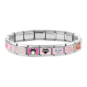 Macro view showing Italian modular bracelet links with stainless steel engraving