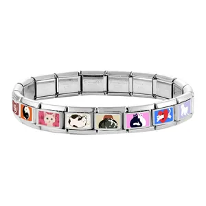 Detail view of Italian modular charm bracelet featuring colorful cat illustration links