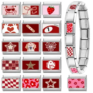 Bracciale componibile italiano in acciaio inossidabile con vari motivi in smalto rosso