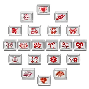 Italienische Charm-Armbandglieder aus Edelstahl mit 20 roten DIY-Motiven im Set