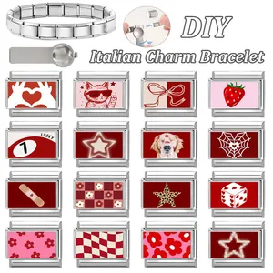 Set bracciale modulare italiano fai-da-te con ciondoli in acciaio inossidabile rossi