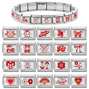 Italienisches Charm-Armband aus Edelstahl mit rot-weißen DIY-Modul-Gliedern