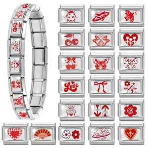 Italienisches Charm-Armband aus Edelstahl mit roten Marienkäfer- und Herz-Modulen