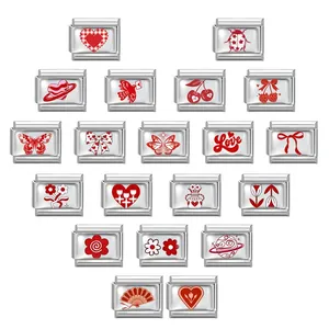 Italienische Charms 18er-Set aus Edelstahl mit rotem Emaille-Herz und Naturmotiven