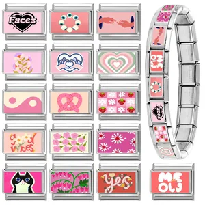 Pink modular Italian charm bracelet with heart and flower stainless steel links
