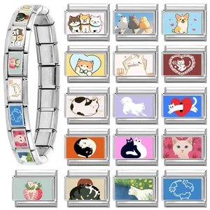 Customizable stainless steel Italian charm bracelet with various cartoon pet animal links