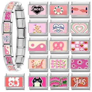 Italian DIY modular stainless steel charm bracelet with pink heart and flower links