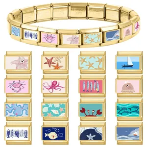 Pulsera de dijes italianos dorados con motivos marinos de acero inoxidable de calidad