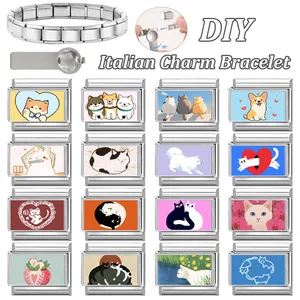 DIY Italian charm bracelet with modular stainless steel links and cute pet patterns