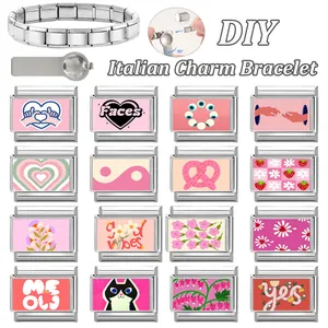 Pink heart and floral Italian charm bracelet set with DIY stainless steel links