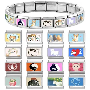 Italian modular stainless steel bracelet with cute cartoon pet cat and dog illustrations