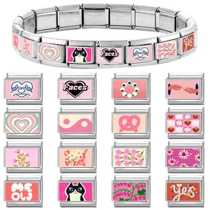 Italian charm bracelet with 16 pink heart and flower motifs on stainless steel links