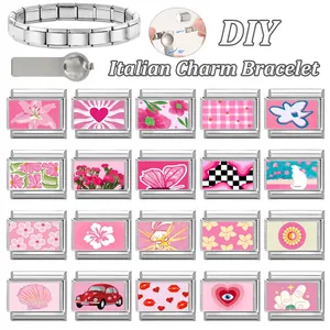 DIY Italienisches modulares Armband Set mit rosa Charms, Edelstahlbasis und Werkzeug