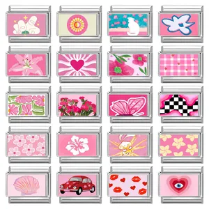 Edelstahl Italian Charm Glieder Für DIY Modulare Armband Herstellung Rosa Serie Blumen Herz Motiv Schmuck Für Damen Mädchen