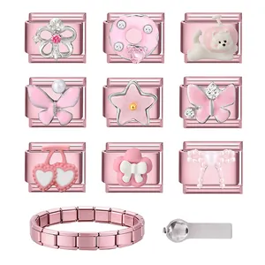 Detail of pink Italian charm bracelet set with 9 DIY modular links and steel tool