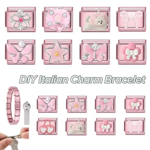 Detailed DIY Italian charm bracelet links featuring rose gold enamel butterfly and stars