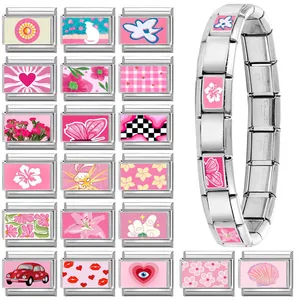 Italienisches Modularmband aus Edelstahl mit rosa Blumen- und Katzenmustern