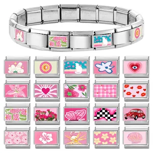 Italienisches Charm-Armband-Set in Rosa mit 20 Edelstahl-Modulen und Comic-Motiven