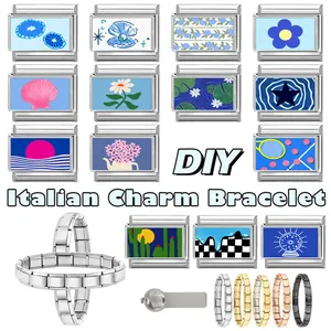 Close-up of DIY Italian charm bracelet modules with floral and pearl patterns