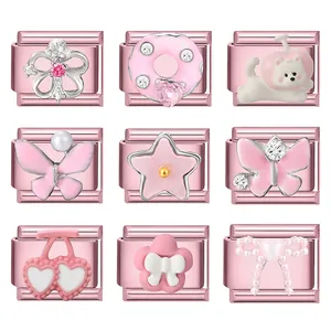 Stainless Steel Pink Italian Charm DIY Modular Bracelet Links Enamel Butterfly Star Flower Heart Donut Jewelry For Women