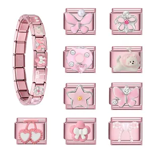 Pink stainless steel Italian charm bracelet with modular butterfly and star links