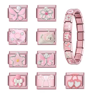 Italian charm bracelet in rose gold with floral and butterfly modular stainless steel links