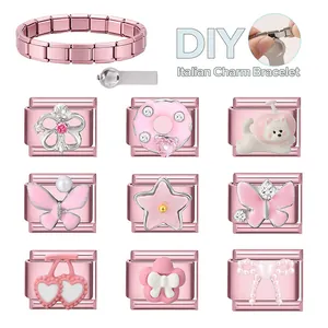 Pink Italian charm bracelet set with butterfly and flower modular stainless steel links