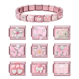 Rose gold stainless steel modular charm bracelet with floral and butterfly enamel links