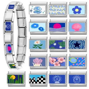 Italian modular charm bracelet in stainless steel with colorful blue theme artistic patterns