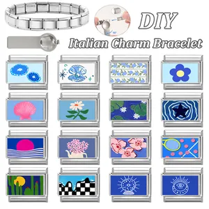 DIY Italian charm bracelet kit with stainless steel links and 16 modular decorative charms