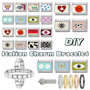 Detailed close-up of DIY Italian charm bracelet modules in gold, silver, and black finishes