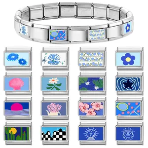 Italian modular charm bracelet in stainless steel with colorful blue series DIY links