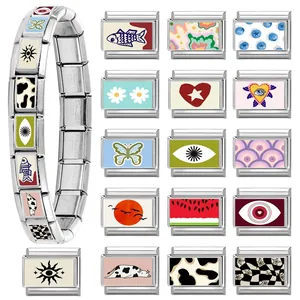 Italian modular charm bracelet in stainless steel with colorful flower and heart links