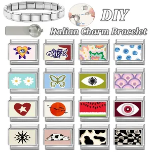 Italian style DIY stainless steel link bracelet with 16 colorful interchangeable charms