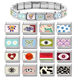 Italian modular charm bracelet in stainless steel with pop art eye and flower patterns