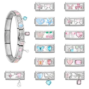 Anpassbares italienisches Charm-Armband aus Edelstahl mit Emaille-Schmetterlings-Herz-Gliedern