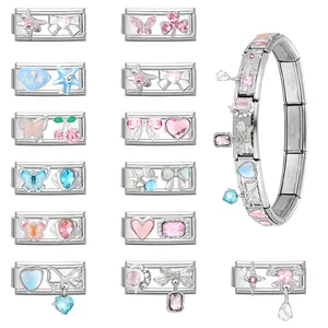 Italienisches Modul-Charm-Armband aus Edelstahl mit bunten Emaille- und Kristallgliedern