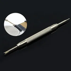 Double-ended stainless steel watch strap tool with knurled handle and V-tip fork