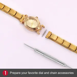 Prepare vintage gold metal floral watch strap connectors and dial with assembly tools