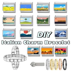 Macro detail of Italian charm bracelet links featuring oil painting landscape patterns