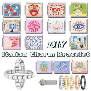 Detailed view of DIY Italian charm bracelet modules with colorful enamel patterns and icons