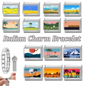Macro detail of Italian charm bracelet links featuring scenic landscapes and assembly tool