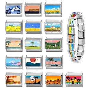 Italian charm bracelet with modular landscape links in durable stainless steel finish
