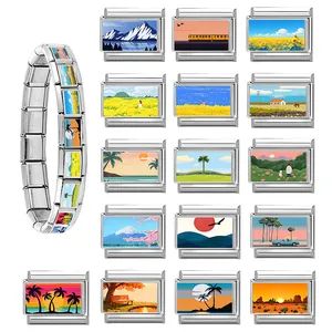 Italian modular stainless steel charm bracelet featuring 16 unique landscape painted links