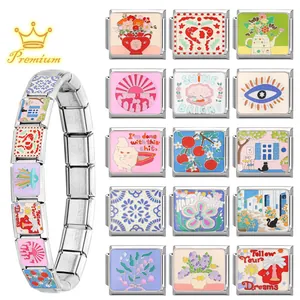 Italian modular charm bracelet in stainless steel with colorful enamel flower and eye links