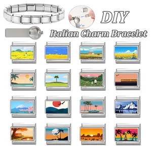 DIY Italian charm bracelet kit with 16 landscape pendants and stainless steel tool