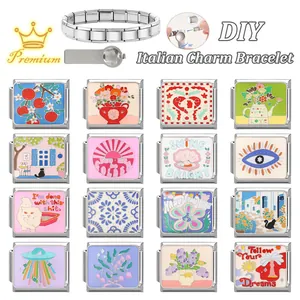 Italian modular charm bracelet with DIY enamel pendants and stainless steel link tool