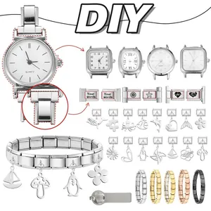 Macro view of modular Italian charm watch links and custom stainless steel watchband parts